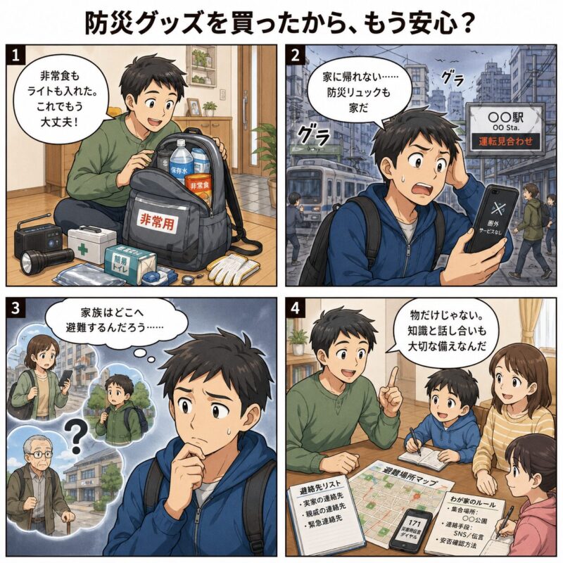 防災グッズだけに頼らず、家族との避難場所や連絡方法を話し合う大切さを伝える4コマ漫画